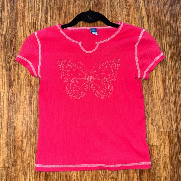 Old Navy Tops - Old Navy Baby Tee Pink Y2K Butterfly Ribbed Contrast Stitch XS Fairycore Grunge